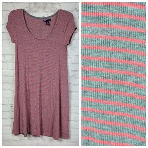 Gap Luxe Women’s Gray/Pink Striped Ribbed Knit T-Shirt Dress Soft Casual Shift